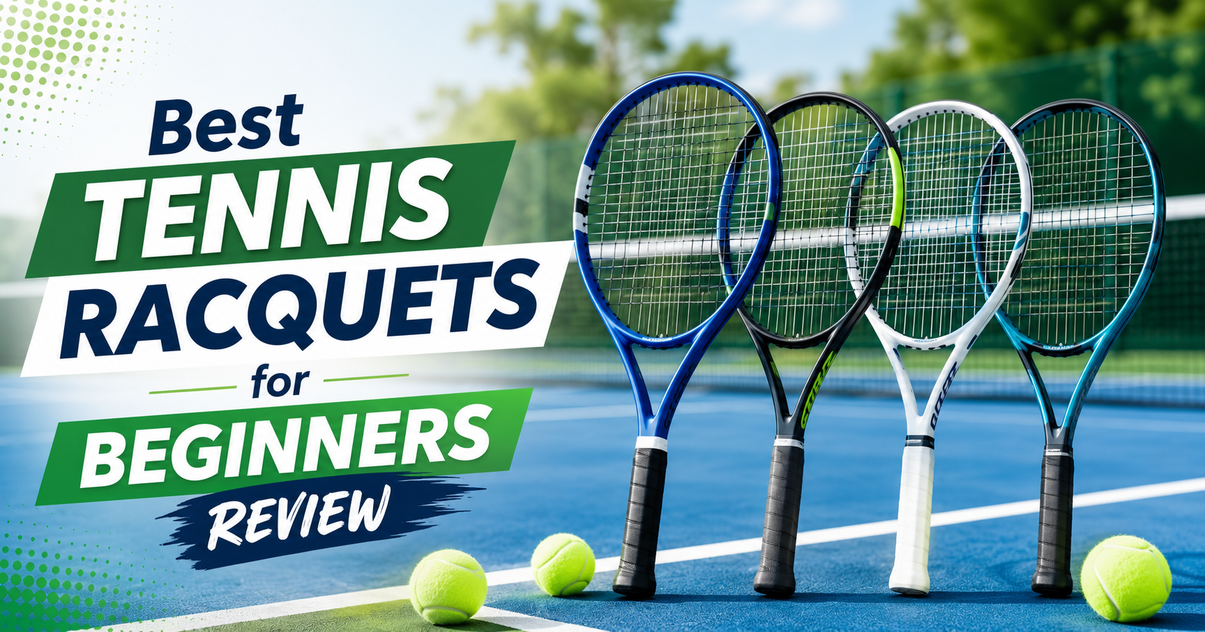 Best tennis racquets for beginners displayed on a tennis court with tennis balls