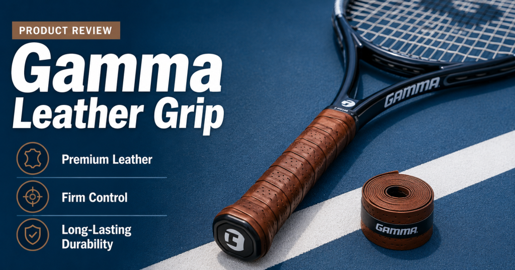 Gamma leather tennis racket grip with brown leather wrap on a racket
