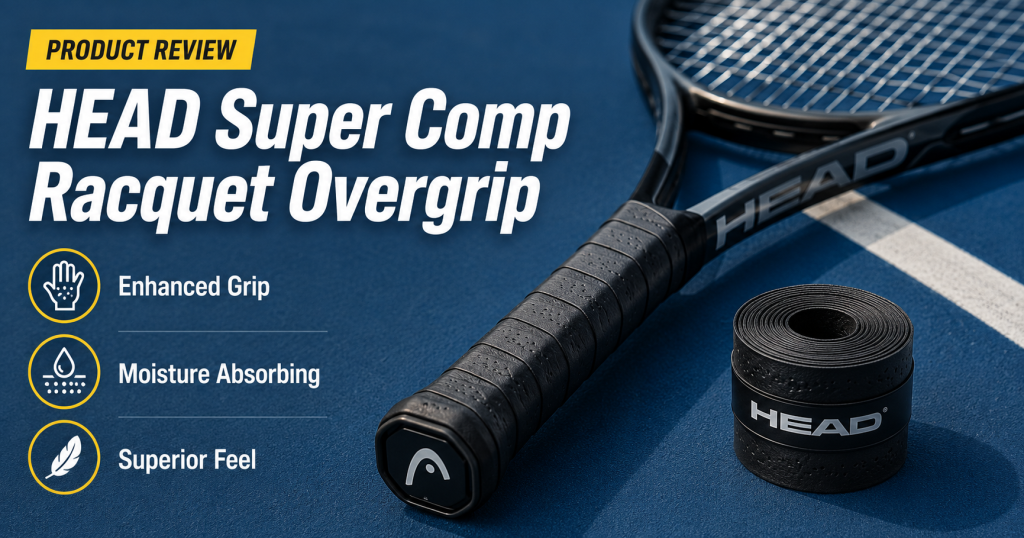 HEAD Super Comp black racquet overgrip installed on a tennis racket