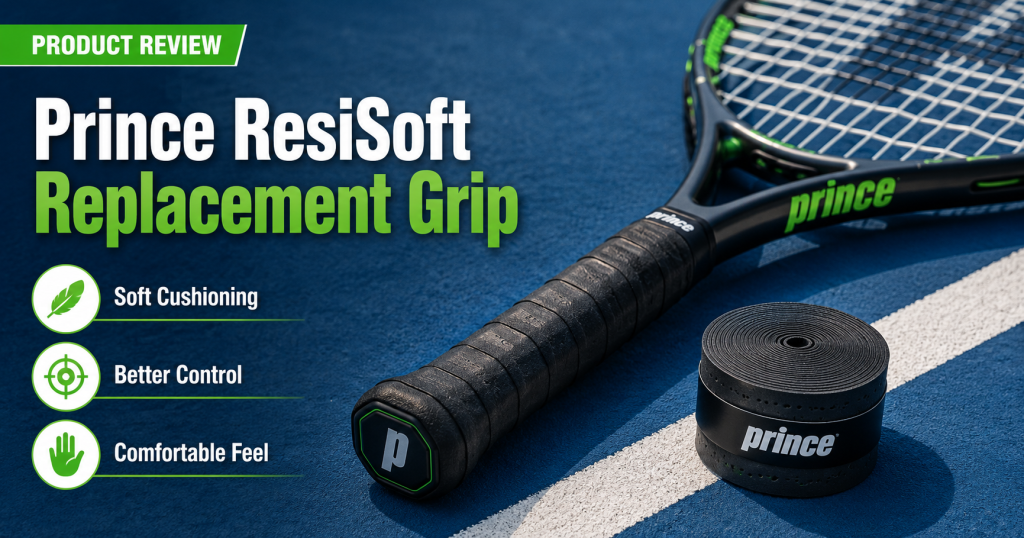 Prince ResiSoft black replacement grip wrapped on a tennis racket