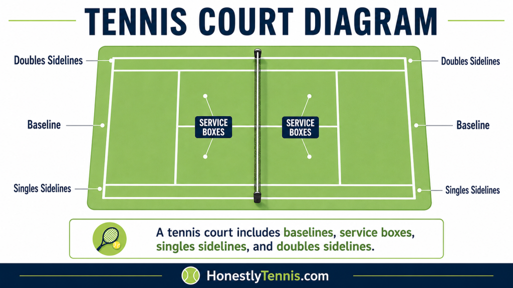 Simple tennis court diagram showing baseline, service boxes, singles sidelines, and doubles sidelines