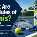 Tennis rules beginner guide showing tennis court, racket, ball, scoring and basic rules