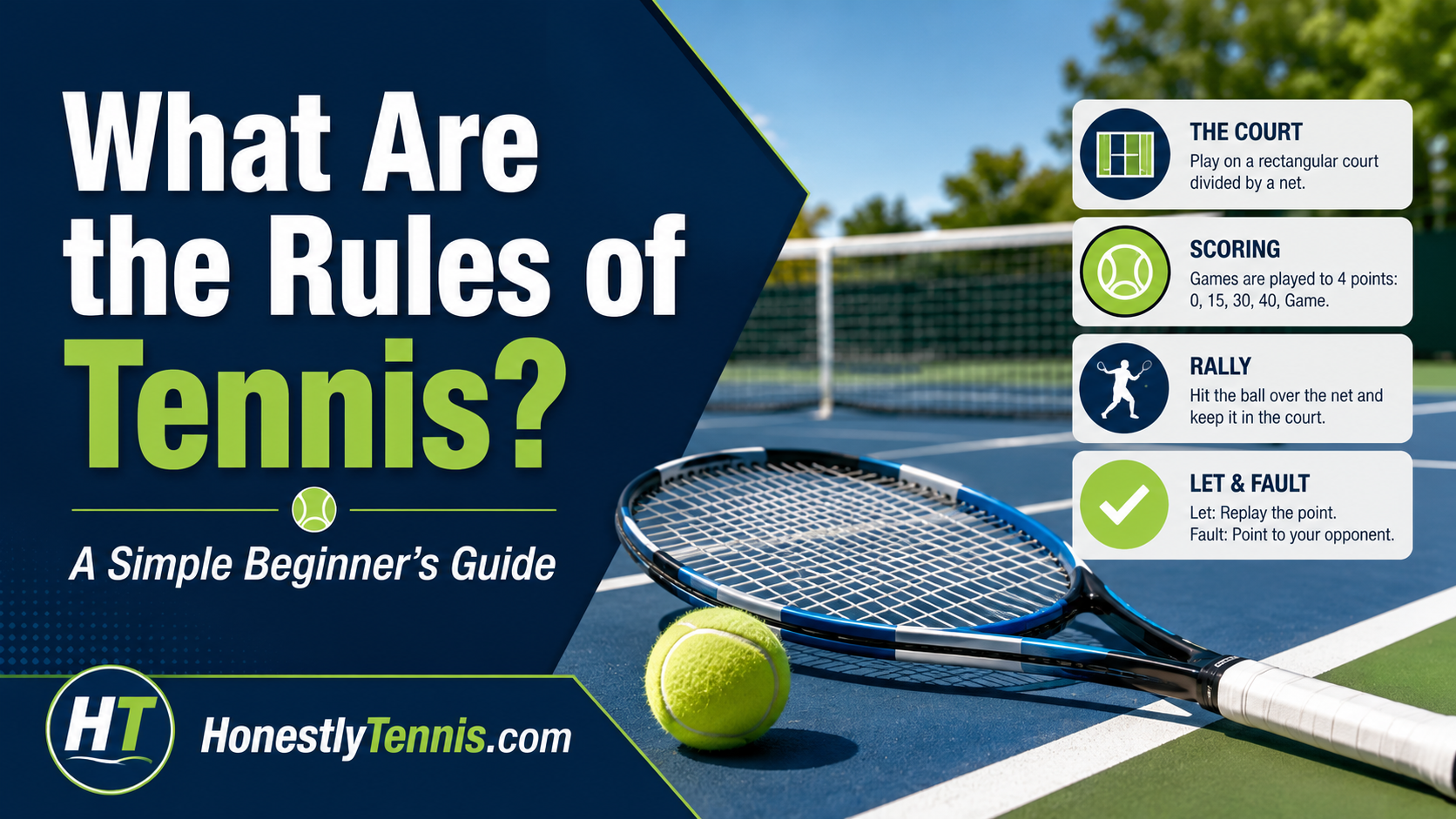 Tennis rules beginner guide showing tennis court, racket, ball, scoring and basic rules
