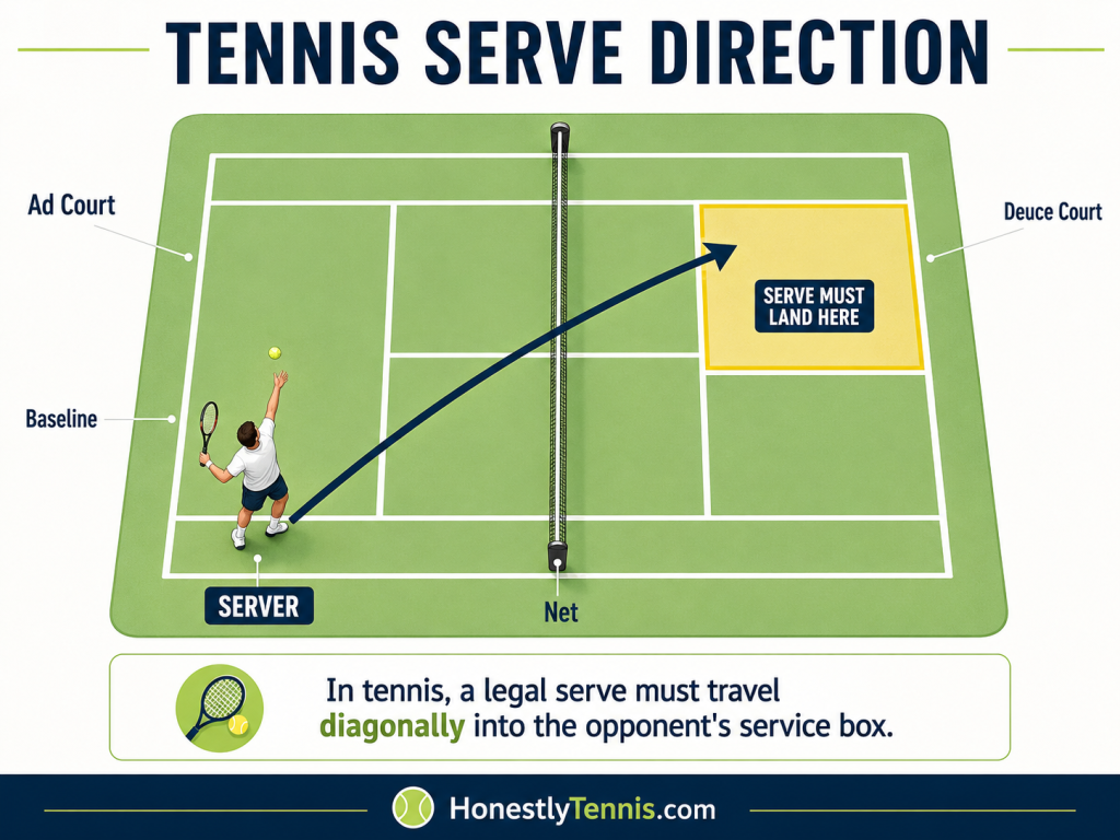 Tennis serve direction diagram showing a diagonal serve landing in the opponent service box