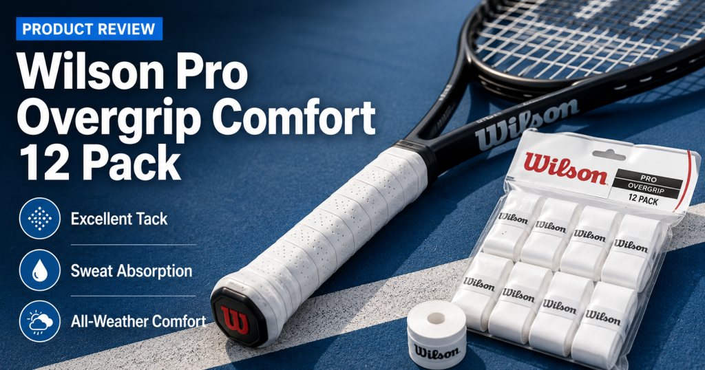 Wilson Pro Overgrip Comfort 12 Pack with white grip on a tennis racket