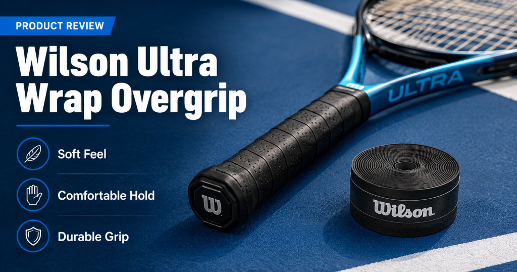 Wilson Ultra Wrap Overgrip review with tennis racket and black Wilson grip roll