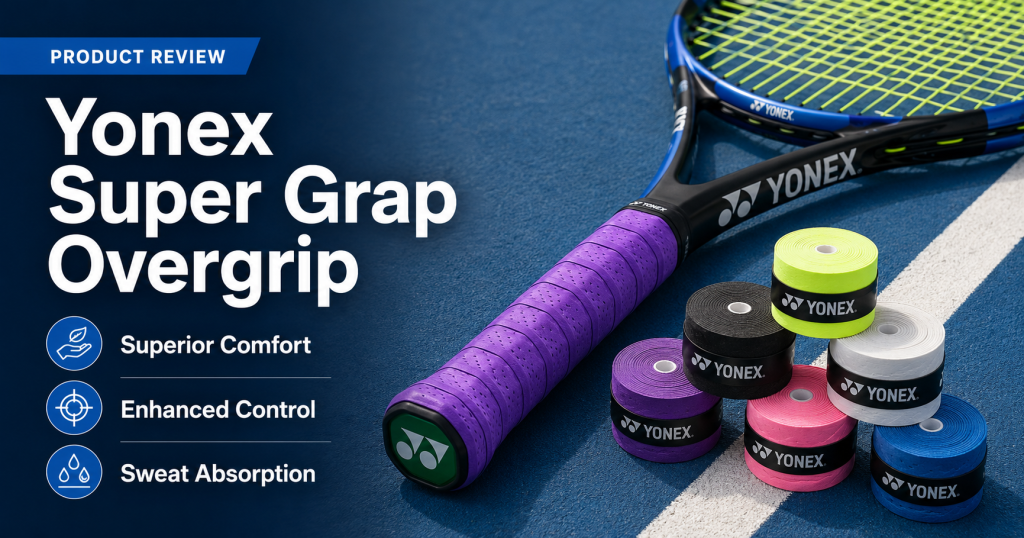 Yonex Super Grap purple overgrip on a tennis racket with colorful grip rolls