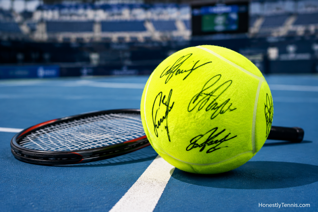 Giant tennis ball signed for tennis autograph collection on court