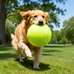 Large dog playing fetch with giant tennis ball outdoors