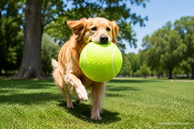 Large dog playing fetch with giant tennis ball outdoors