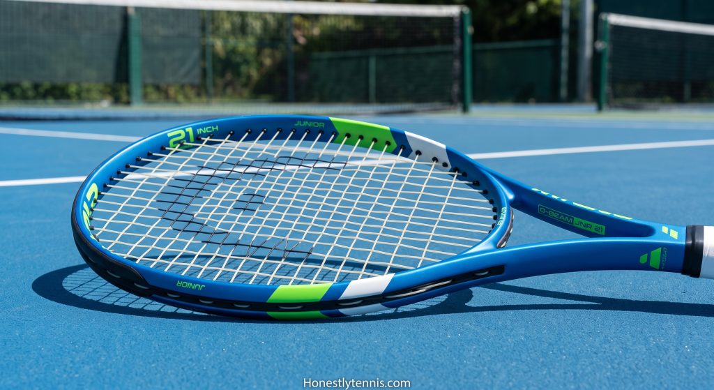 Close up of the HEAD Speed Junior Tennis Racquet on a blue tennis court.