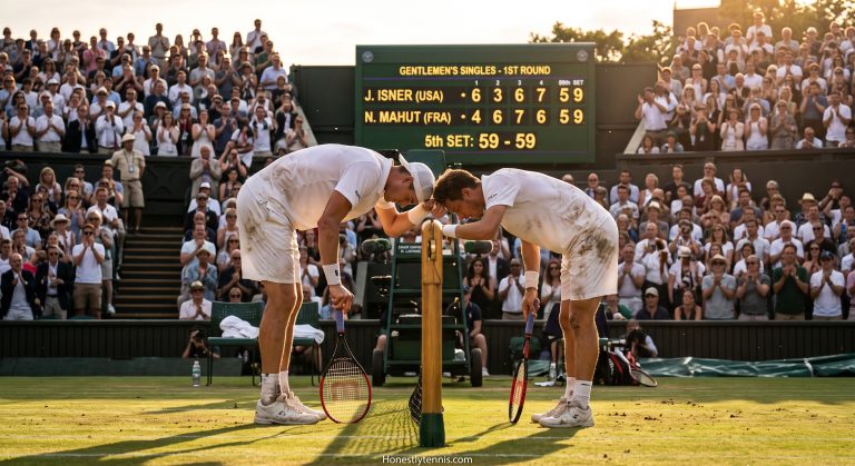 Exhausted players John Isner and Nicolas Mahut during the longest tennis match in history at Wimbledon
