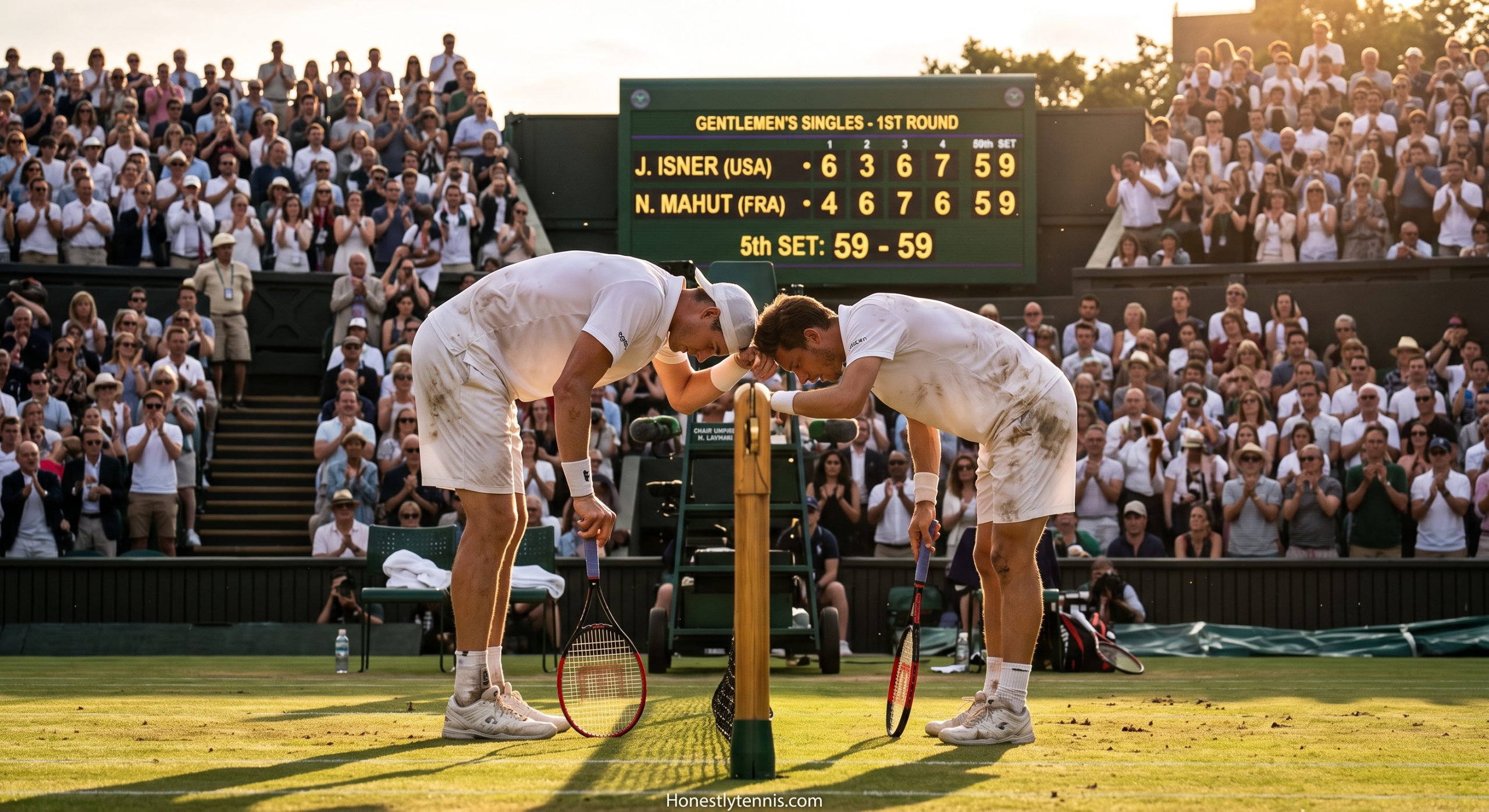 Exhausted players John Isner and Nicolas Mahut during the longest tennis match in history at Wimbledon
