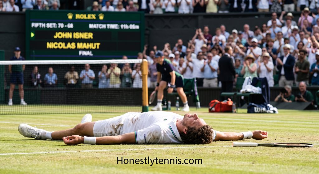 Exhausted tennis player celebrating victory after the longest tennis match in history