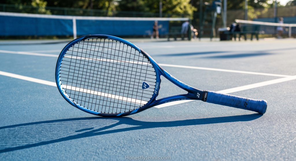 Yonex Ezone 100 tennis racquet resting on a blue hard court 