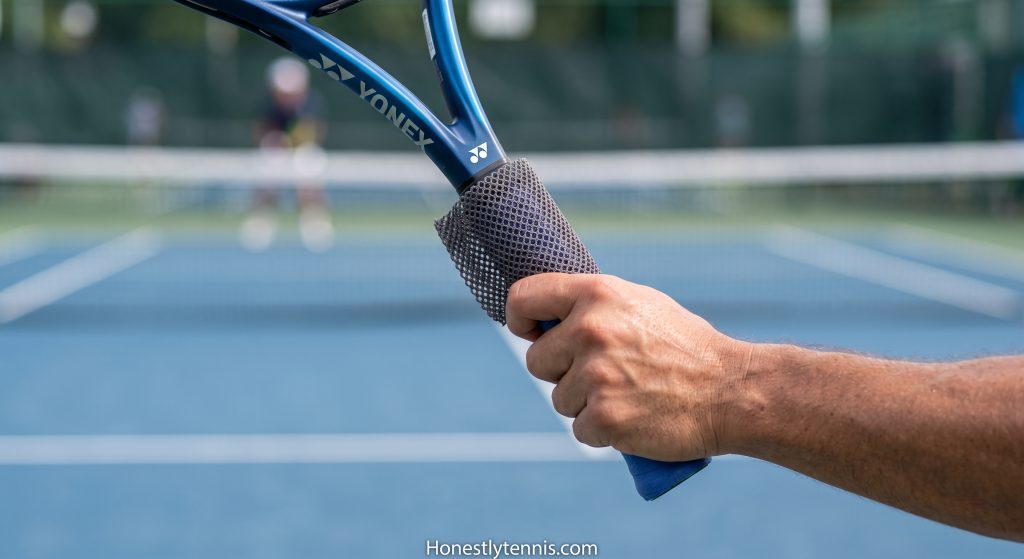 Player holding the Yonex Ezone 100 racquet showcasing the comfortable grip