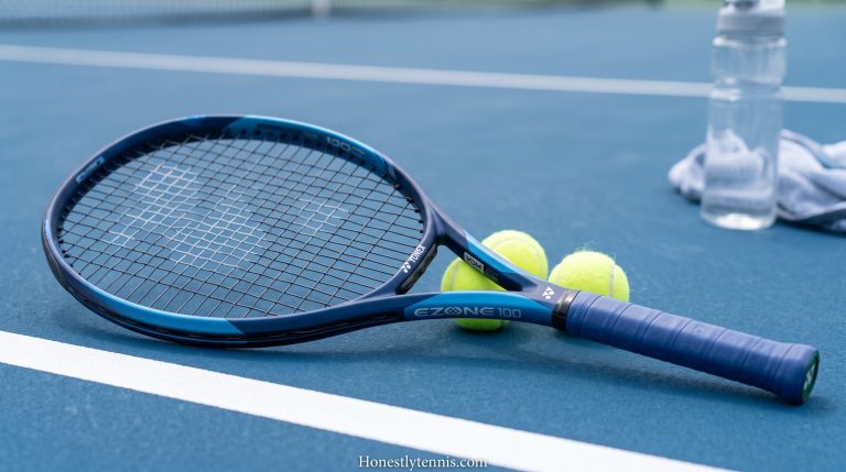 Yonex Ezone 100 tennis racquet on a blue hard court