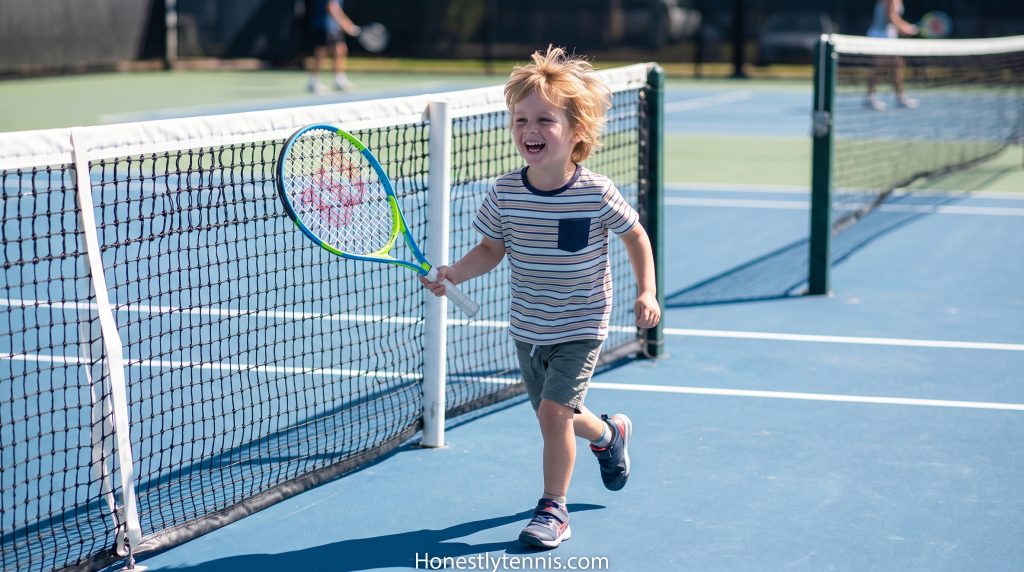 Young child holding a lightweight beginner tennis racquet on a court. 