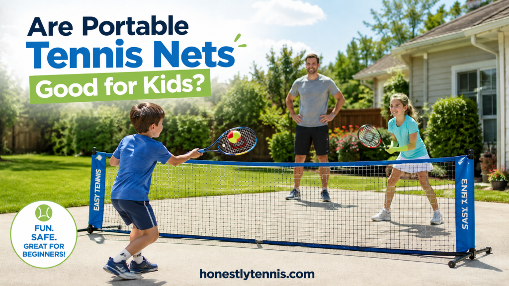 Kids playing with a portable tennis net in a backyard practice setup