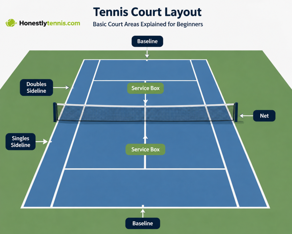Basic tennis rules court size diagram showing baseline service box and net