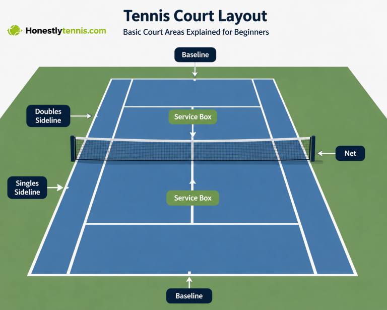 Basic tennis rules court size diagram showing baseline service box and net