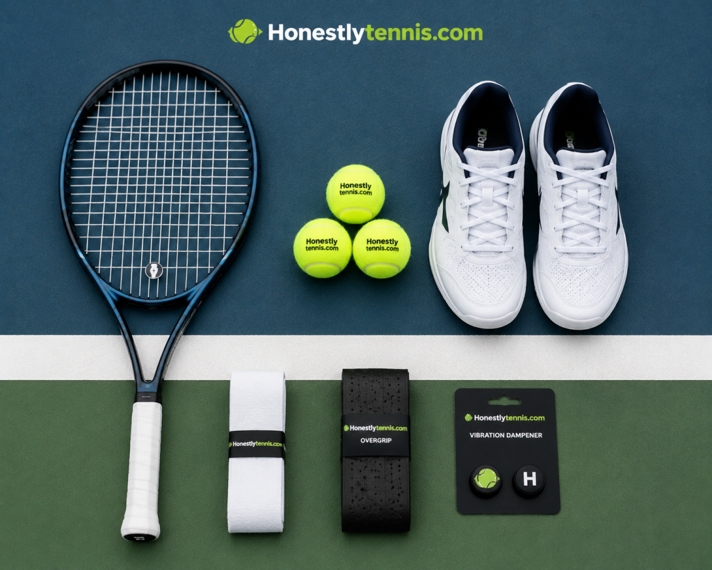 Beginner tennis equipment including racket shoes and tennis balls