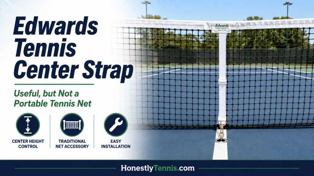 Edwards tennis center strap attached to the middle of a traditional tennis net