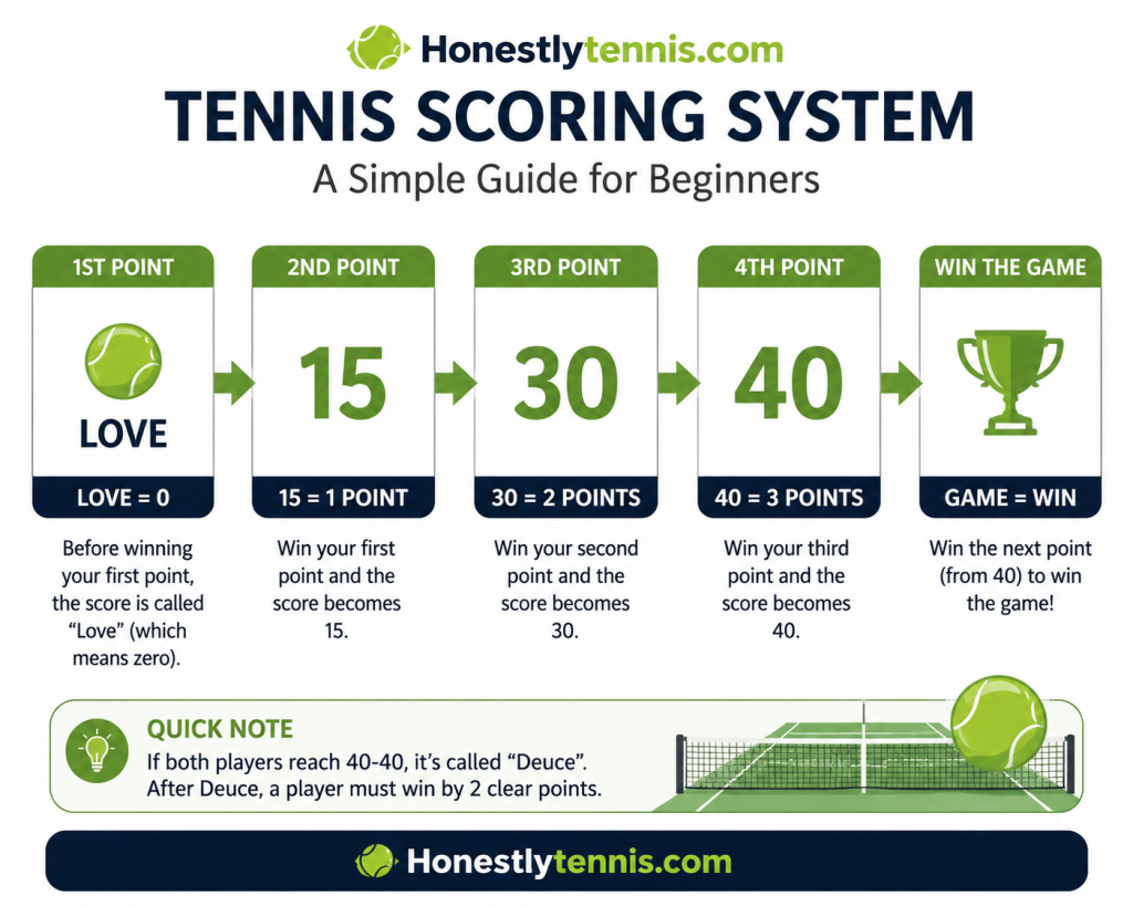 Tennis scoring system infographic showing love 15 30 40 and game points