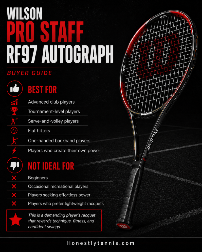 Wilson Pro Staff RF97 Autograph buyer guide image showing who the racquet is best for and who should avoid it