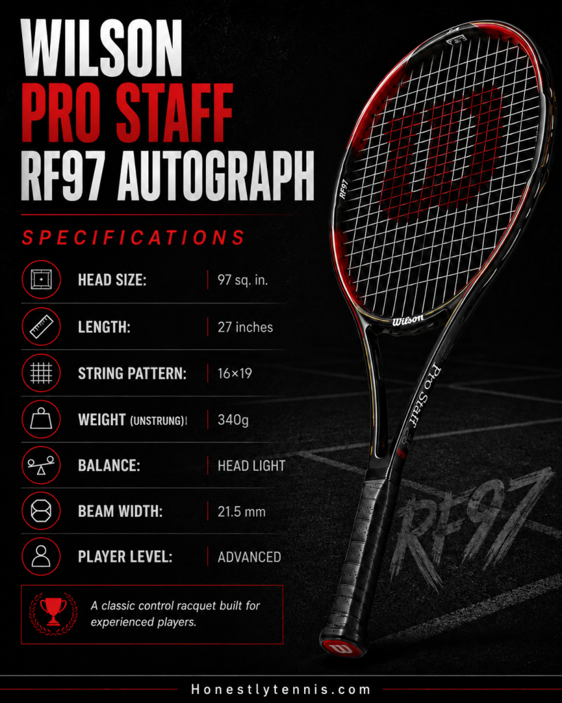Wilson Pro Staff RF97 Autograph specifications image showing head size, length, string pattern, unstrung weight, balance, beam width, and player level