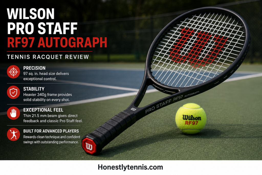 Wilson Pro Staff RF97 Autograph tennis racquet review highlighting precision, stability, exceptional feel, and advanced-player performance.