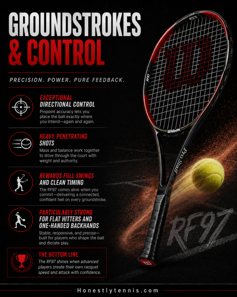 Wilson Pro Staff RF97 Autograph groundstrokes and control image describing directional accuracy, heavy penetrating shots, and full-swing performance