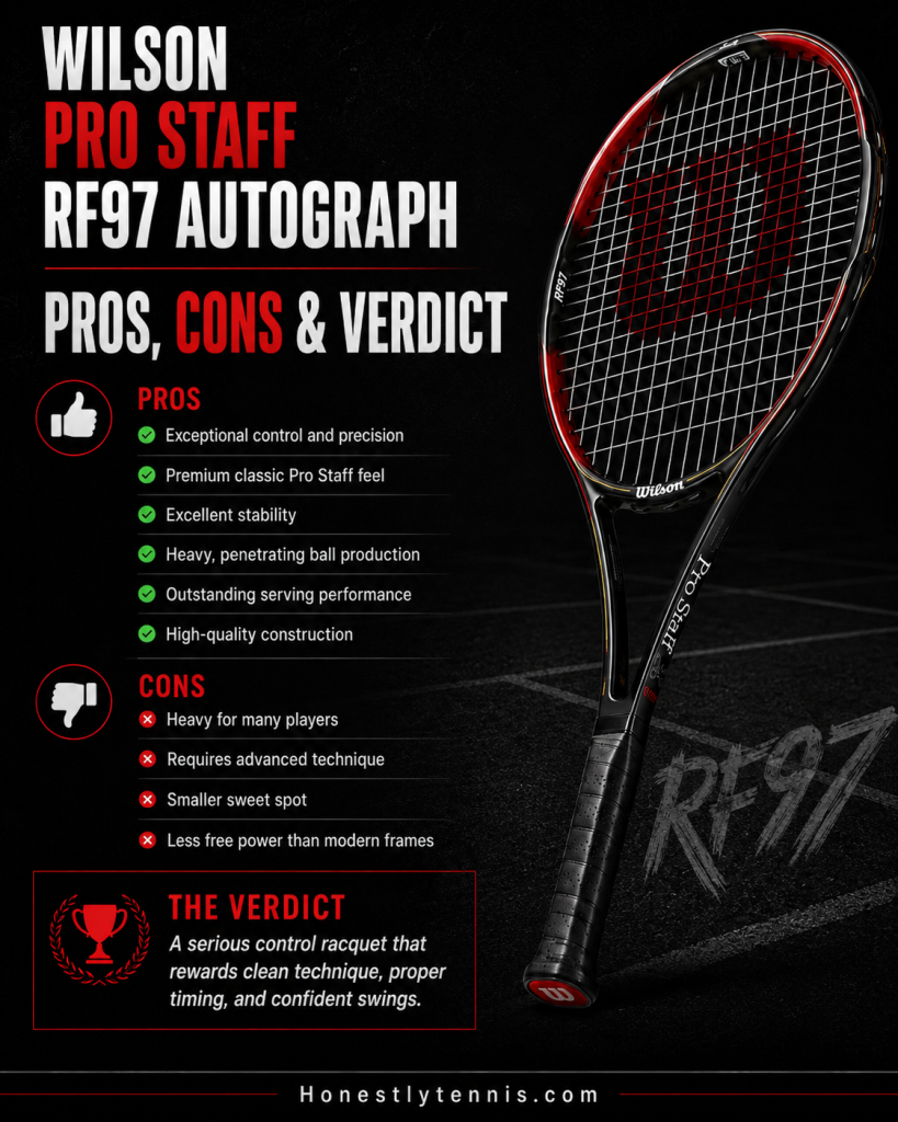 Wilson Pro Staff RF97 Autograph pros cons and verdict image showing control, feel, stability, heavy weight, smaller sweet spot, and final review summary