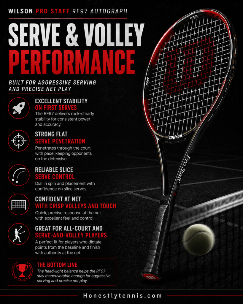 Wilson Pro Staff RF97 Autograph serve and volley performance image showing first-serve stability, flat serve penetration, slice serve control, and crisp volleys