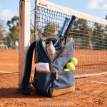 A stylish ACOSEN ladies tennis bag resting on a clay tennis court. 