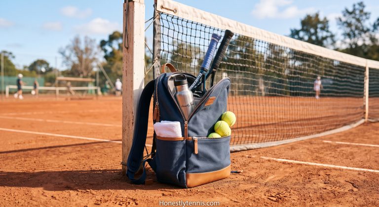 A stylish ACOSEN ladies tennis bag resting on a clay tennis court. 
