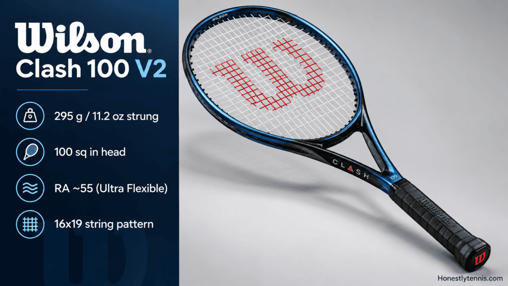  Wilson Clash 100 V2 racket in blue with specs overlay — flexible arm-friendly tennis racket for tennis elbow with RA stiffness of 55
