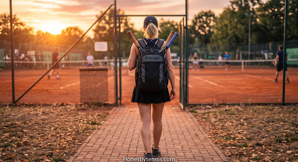 Female player wearing a comfortable ladies tennis bag with padded shoulder straps. 