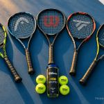 How to choose a tennis racket showing an assortment of modern tennis racquets on a court