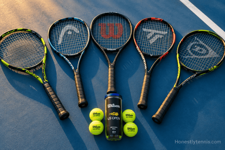 How to choose a tennis racket showing an assortment of modern tennis racquets on a court