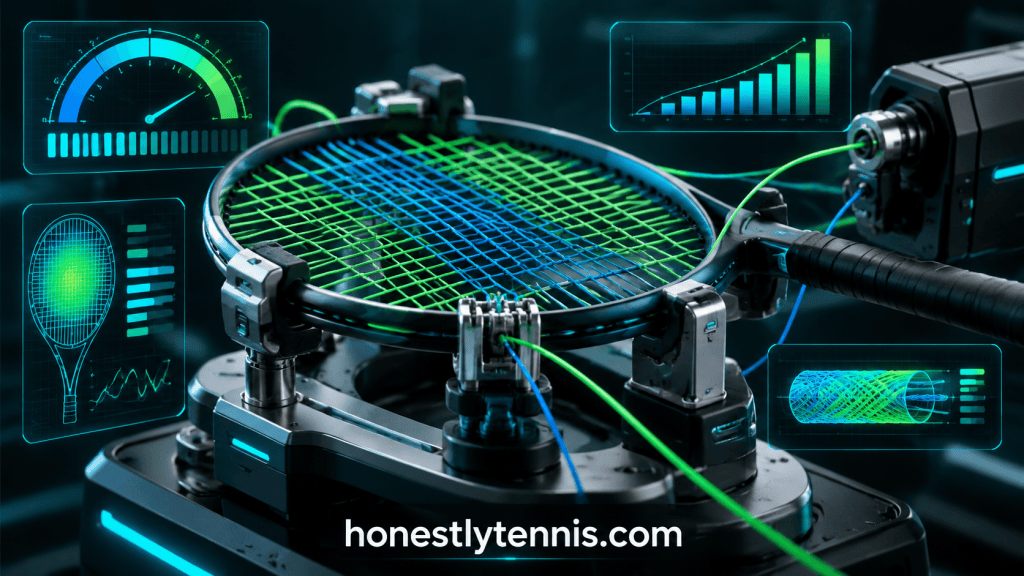 A freshly strung tennis racket representing the best tennis strings for intermediate players