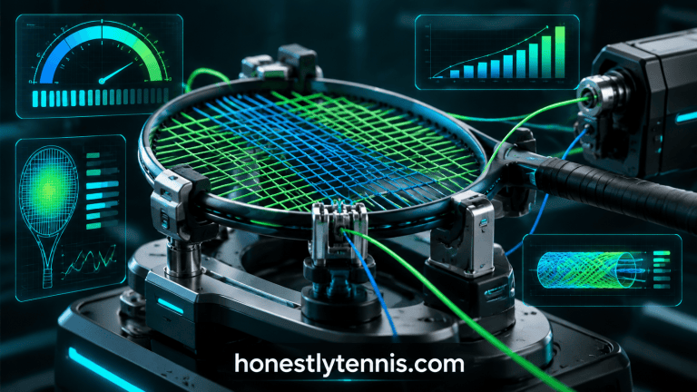 A freshly strung tennis racket representing the best tennis strings for intermediate players