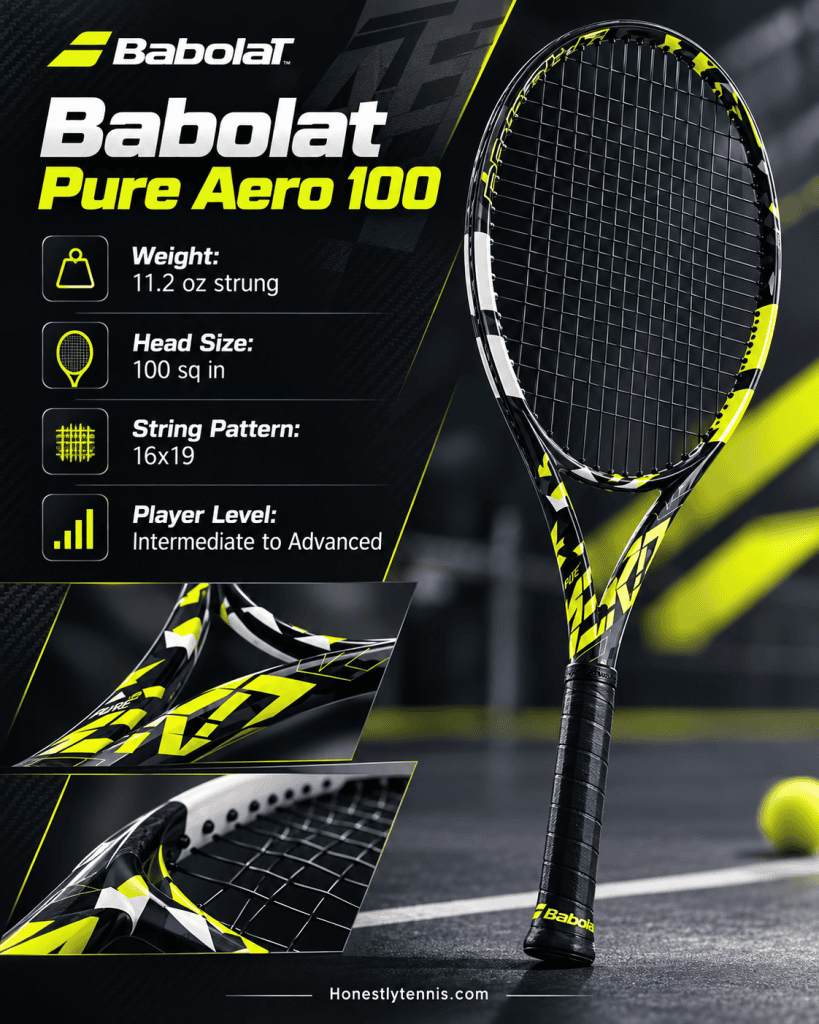 Babolat Pure Aero 100 tennis racquet with yellow and black frame showing power and spin specifications