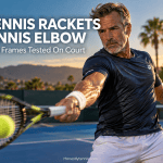Coach testing the best tennis rackets for tennis elbow on a hard court — arm-friendly racket comparison featured image
