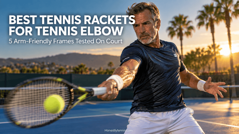 Coach testing the best tennis rackets for tennis elbow on a hard court — arm-friendly racket comparison featured image
