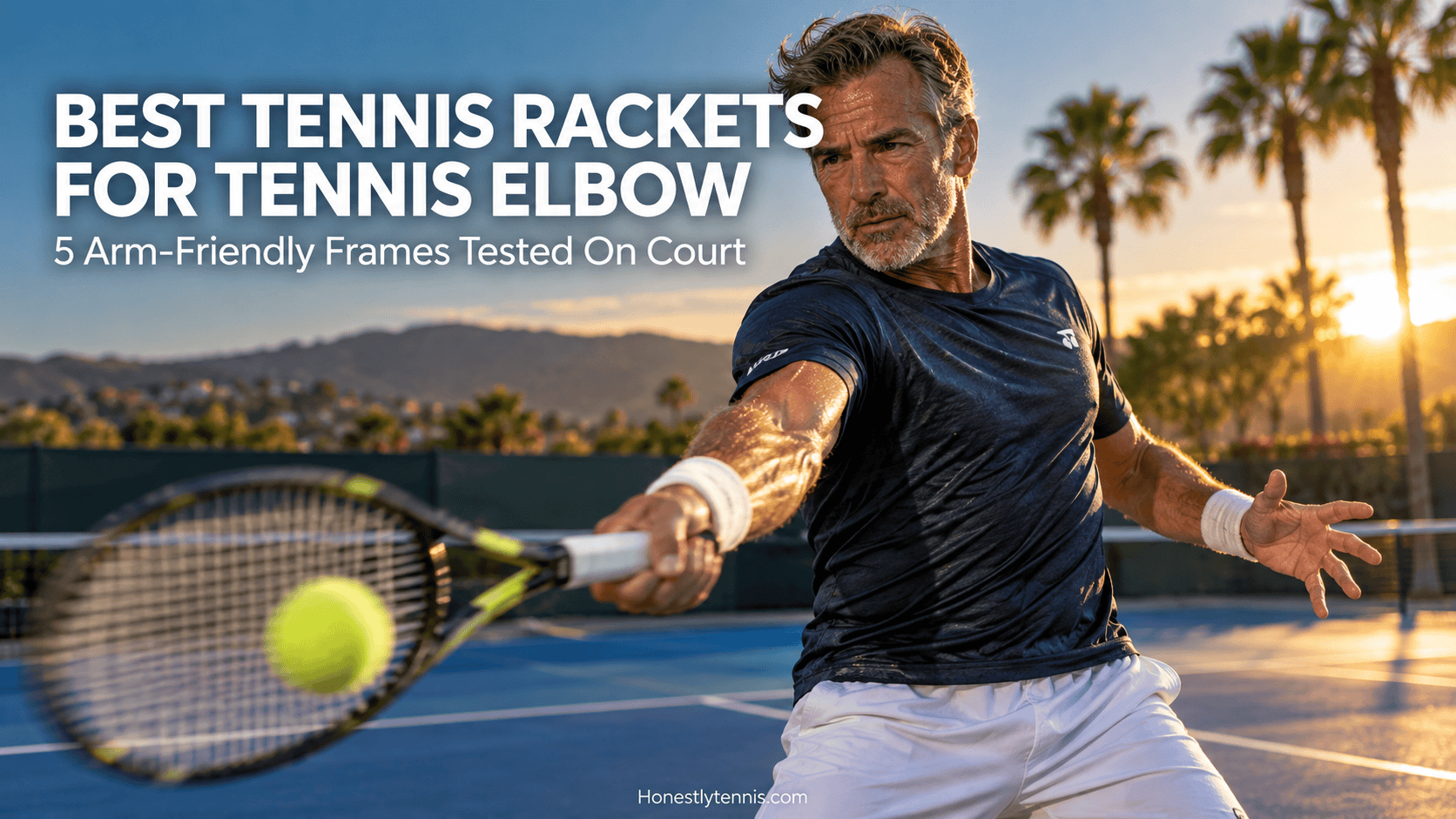 Coach testing the best tennis rackets for tennis elbow on a hard court — arm-friendly racket comparison featured image