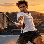 Professional tennis player hitting a powerful topspin forehand on a hard court during a tennis racquet power and spin comparison