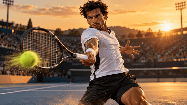 Professional tennis player hitting a powerful topspin forehand on a hard court during a tennis racquet power and spin comparison