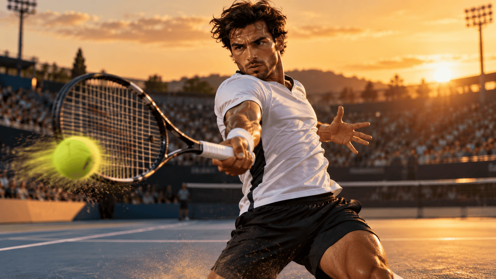Professional tennis player hitting a powerful topspin forehand on a hard court during a tennis racquet power and spin comparison