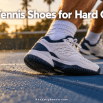 Tennis shoe stopping hard on a blue hard court with skid mark — best tennis shoes for hard courts guide